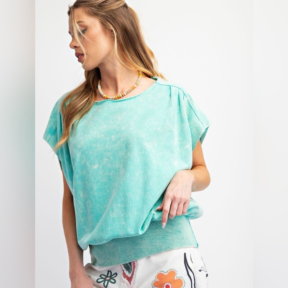 easel Washed Aqua Short Sleeve Pullover Top